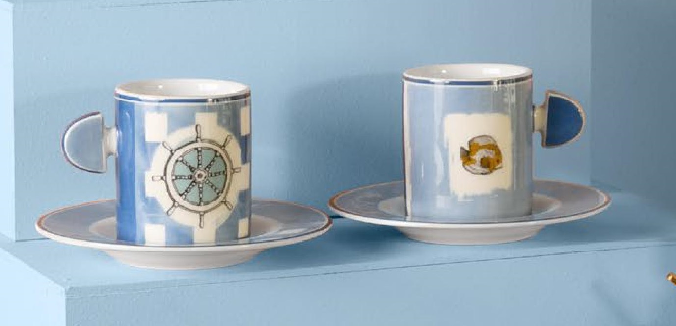 Set due tazzine con   in porcellana  doppio decoro- collezione Coastal -  h 6.5  cm - Baci Milano